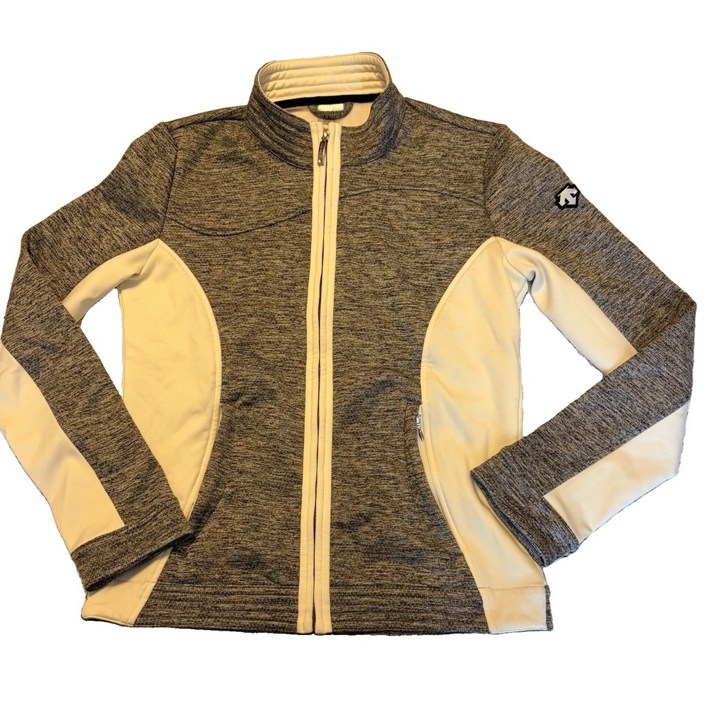 Descente Soft shell Jacket Women Sz 10 Gray White Full Zip Pockets Athleisure